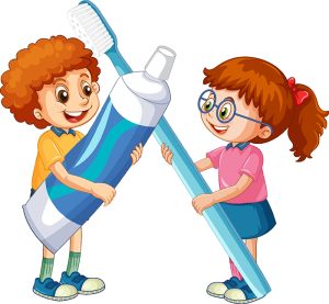 Children holding toothpaste and toothbrush on white background illustration